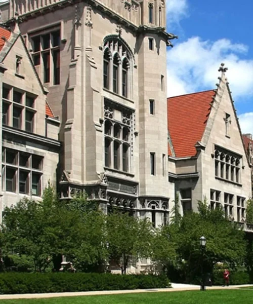 View of the iconic University of Chicago building from the field